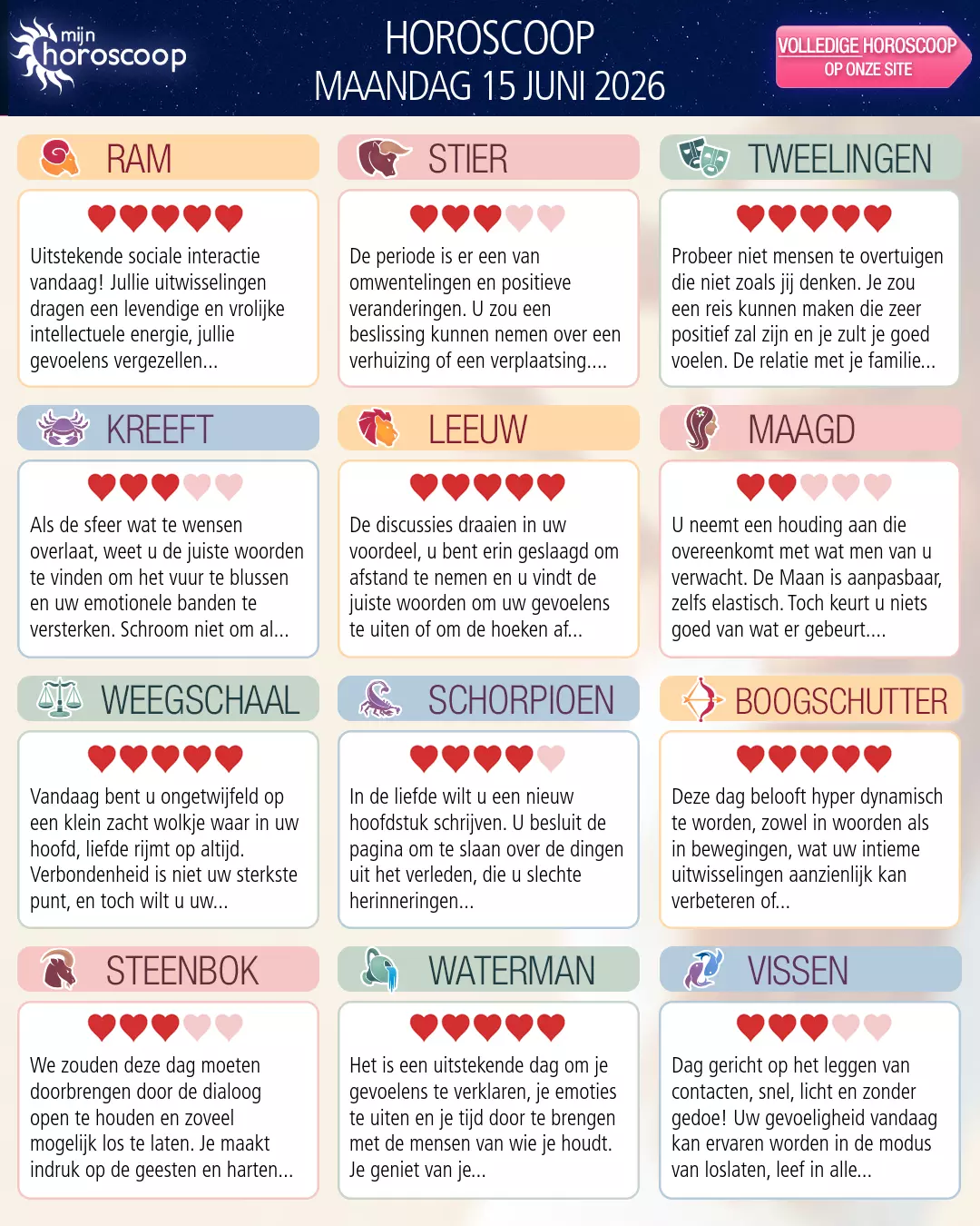 Horoscoop van maandag 15 juni 2026