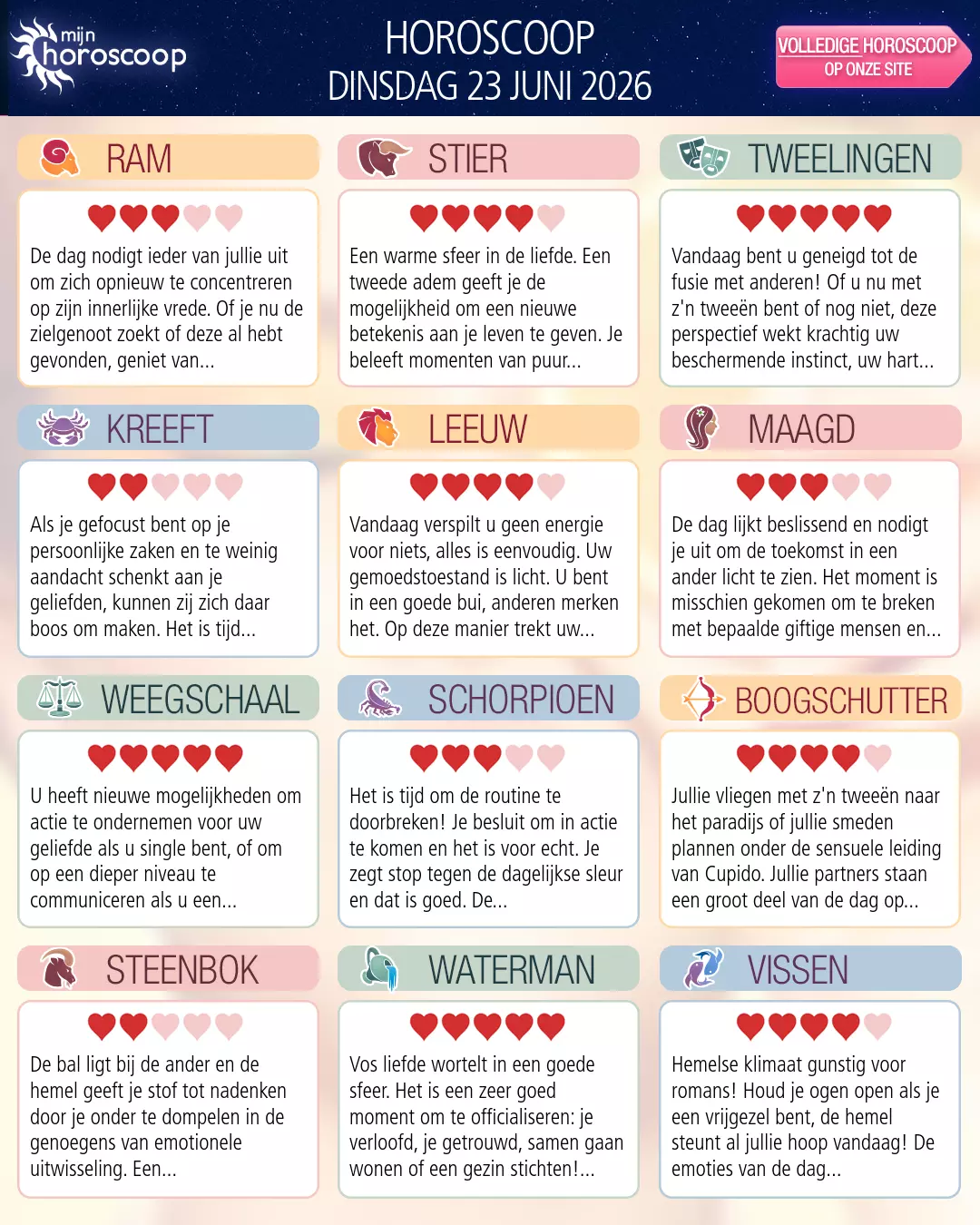 Horoscoop van dinsdag 23 juni 2026
