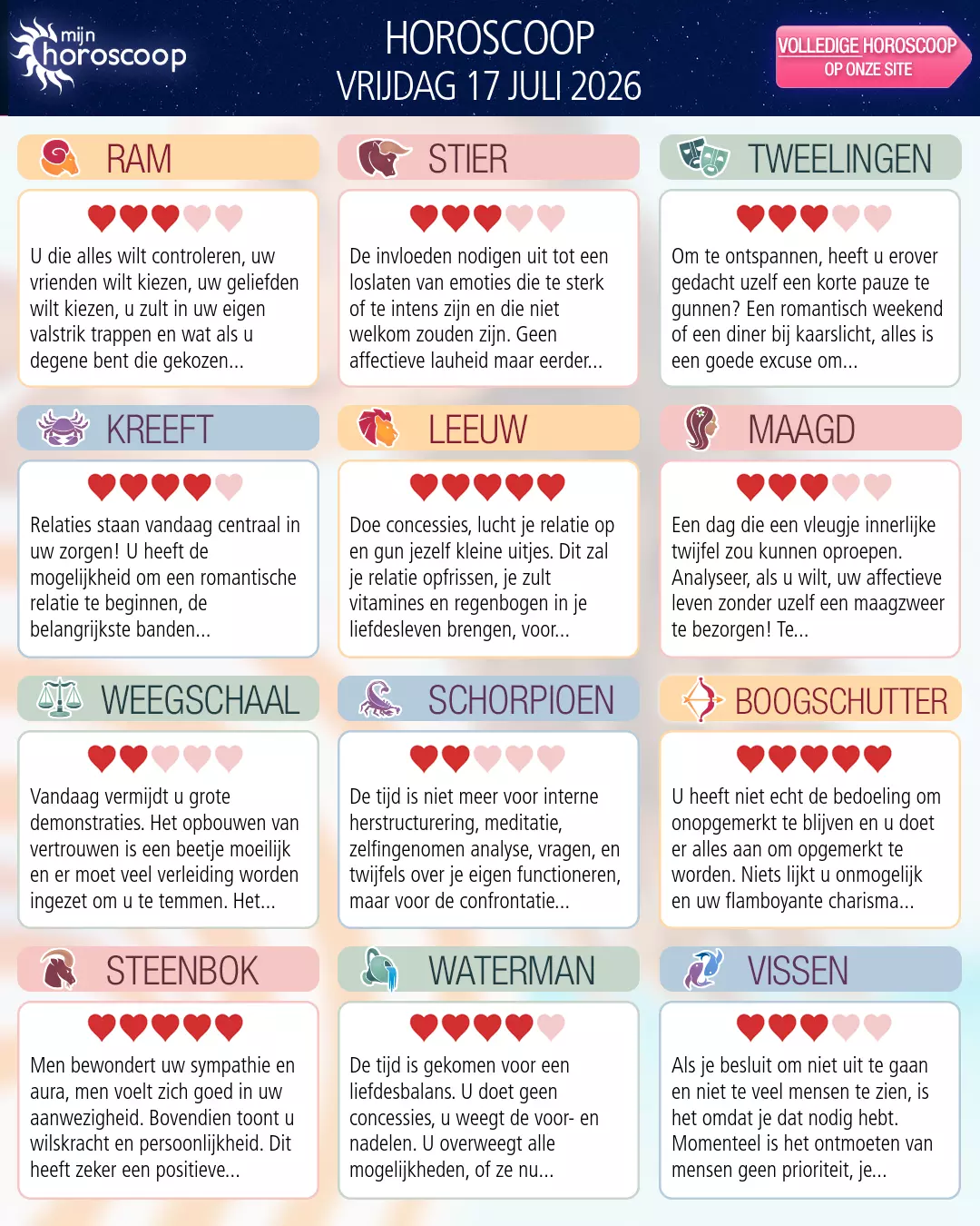 Horoscoop van vrijdag 17 juli 2026