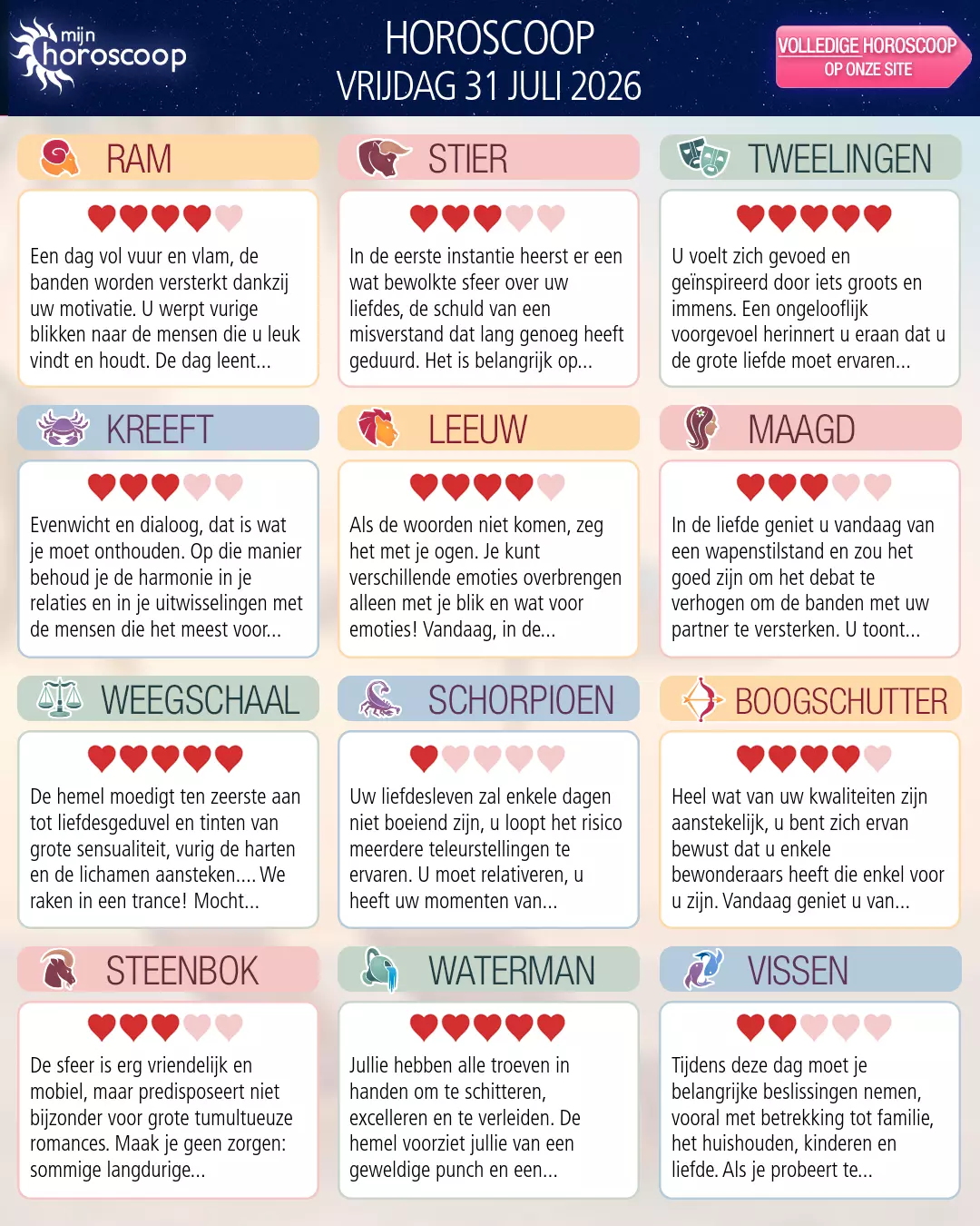 Horoscoop van vrijdag 31 juli 2026
